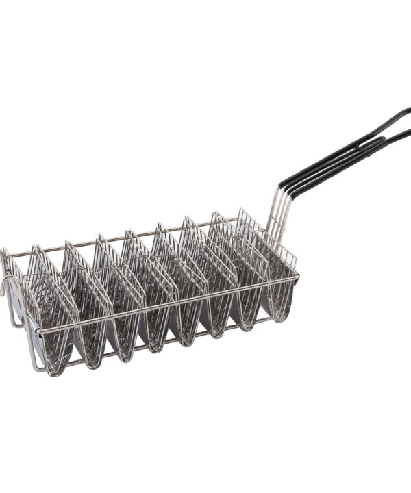 Winco TB-8 taco shell fry basket in nickel-plated stainless steel, angled view
