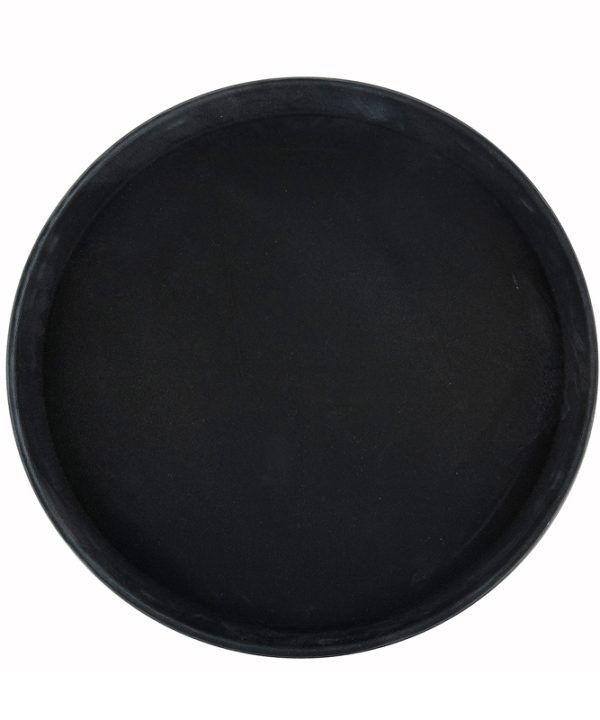 Winco TRH-16K 16-inch round non-slip serving tray in black, top view