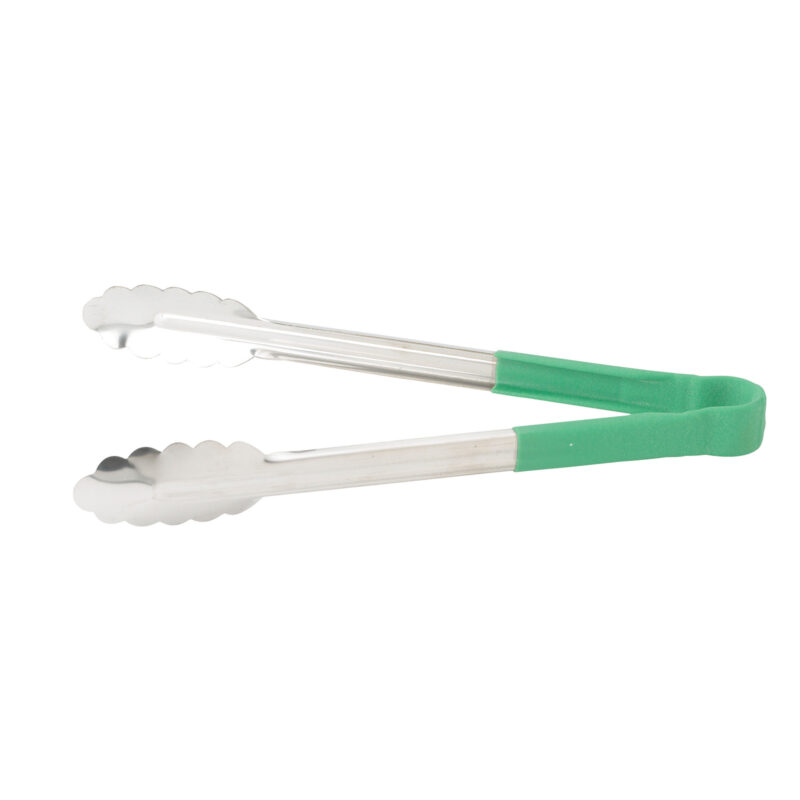 Winco UTPH-9G Stainless Steel Non-Slip Utility Tongs w/ Green Polypropylene Handle ( 9" )