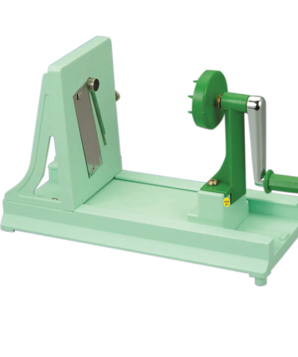 Winco VTS-3G manual turning vegetable slicer in green plastic, front view