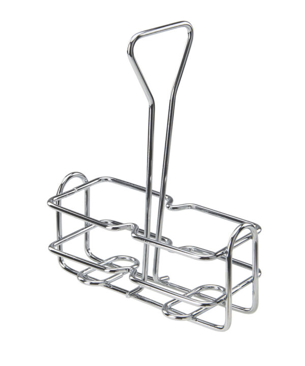Winco WH-3 oil and vinegar cruet rack in chrome-plated wire, front view
