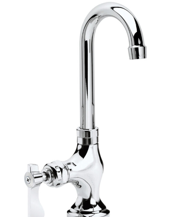 Krowne 16-203L deck-mount pantry faucet in chrome with 6-inch gooseneck spout, side view