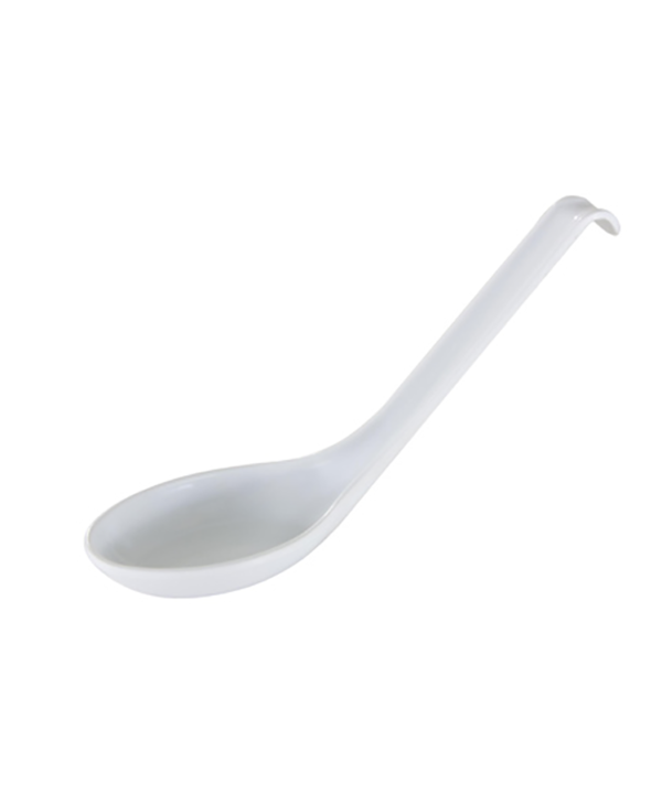 Thunder Group 7200WT melamine soup spoon in classic white, side view
