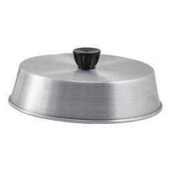 Winco ADBC-8 8 inch round aluminum basting cover with Bakelite knob, silver, side view