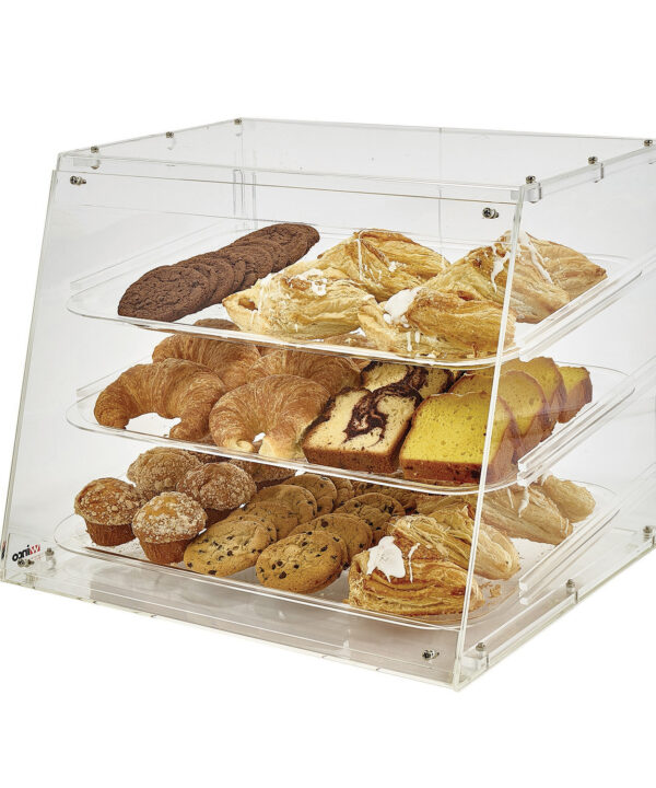 Winco ADC-3 3-tray acrylic countertop bakery display case in clear, front view