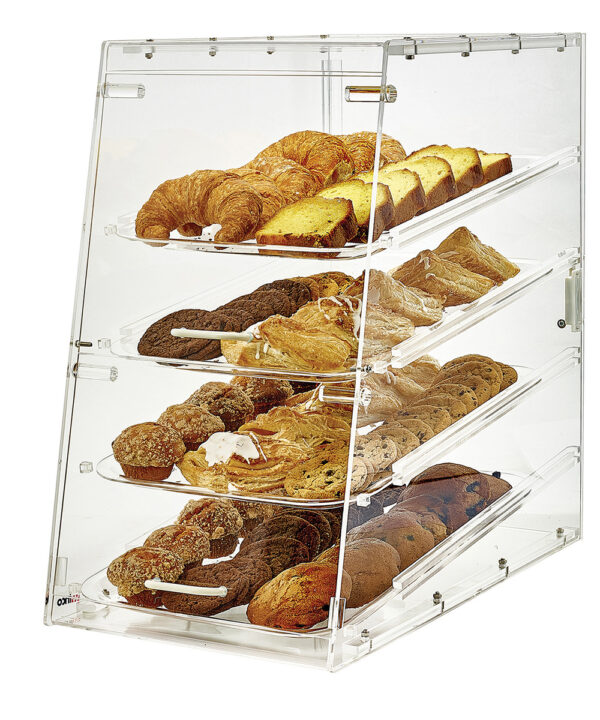 Winco ADC-4 4-tray acrylic bakery display case in clear, front view