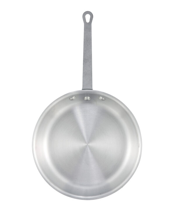 Winco AFP-10A Gladiator 10-inch aluminum fry pan in natural finish, side angle view with riveted metal handle