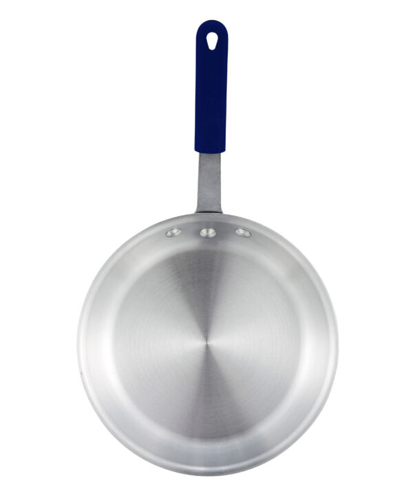 Winco AFP-8A-H Gladiator 8" aluminum fry pan in natural finish with blue silicone handle sleeve, angled view