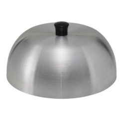 Winco AHC-6 6 inch round aluminum dome basting cover in silver with black knob, side view