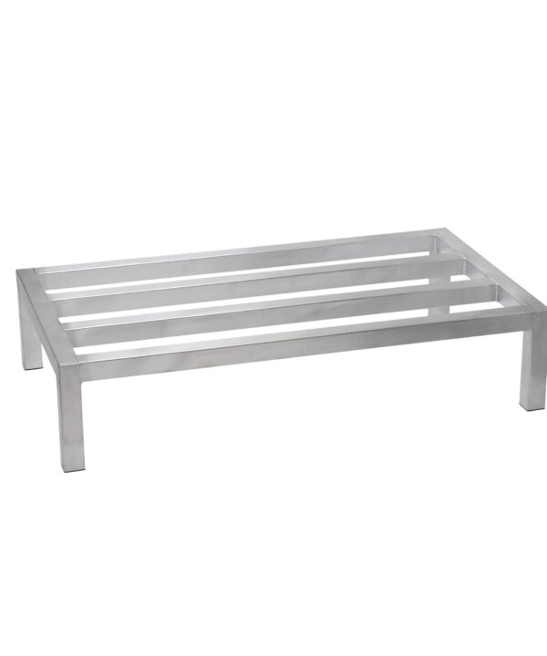 Winco ASDR-2048 aluminum dunnage rack in brushed aluminum, front angle view