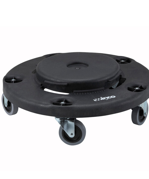 Winco DLR-18 round trash can dolly in black, top angled view