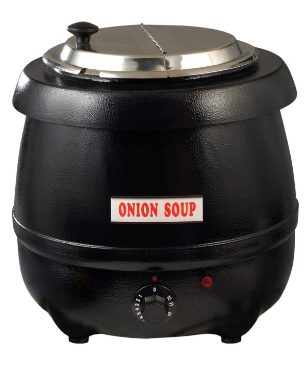 Winco ESW-66 electric soup warmer in black, front view with hinged stainless lid