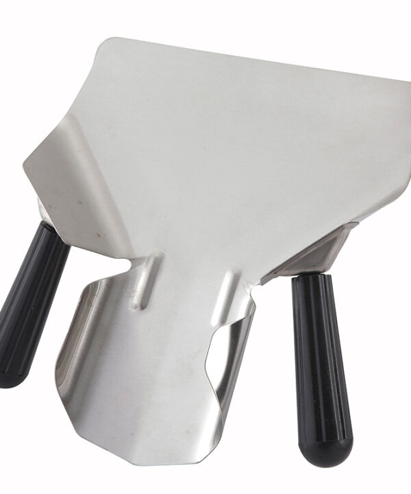 Winco FFBN-2 french fry bagger in stainless steel with dual black Bakelite handles, angled view