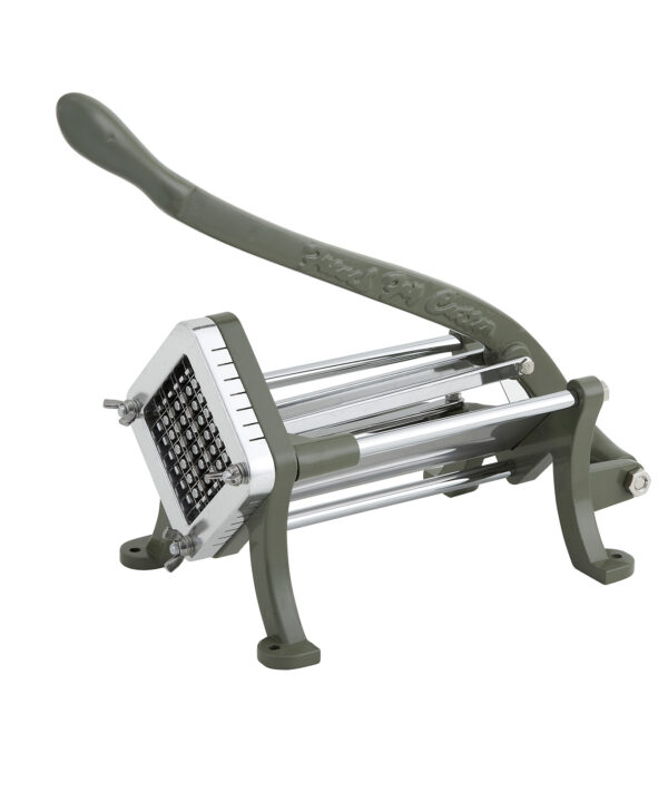 Winco FFC-250 french fry cutter in green cast iron with stainless steel blade, front view