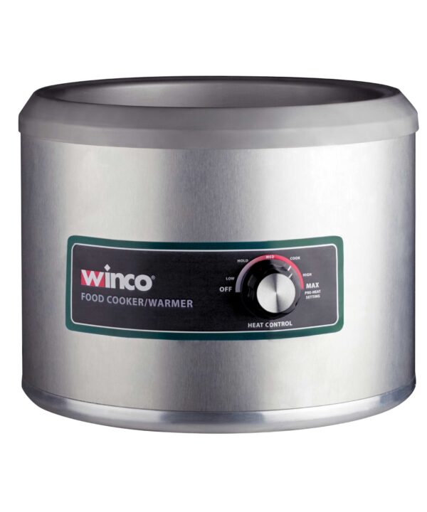 Winco FW-11R500 11 qt round electric food cooker and warmer in stainless steel, front view