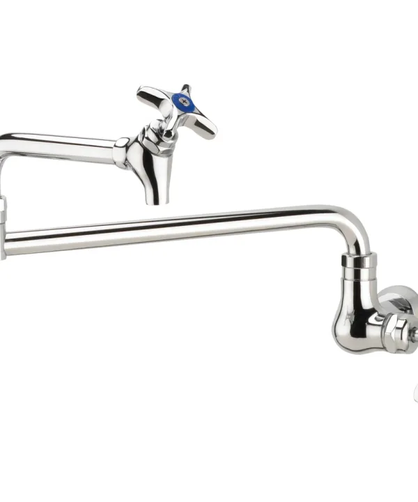 Krowne 16-182L wall-mount pot filler faucet in chrome with 24-inch double-jointed swing spout, side view