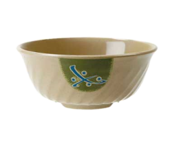 GET M-607-TD Traditional melamine fluted bowl in green and blue on tan, top angle view