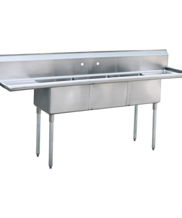 Atosa MRSA-3-D three-compartment sink in stainless steel with left and right drainboards, front view