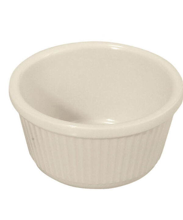 Winco RFM-4B 4 oz fluted melamine ramekin in bone, side view
