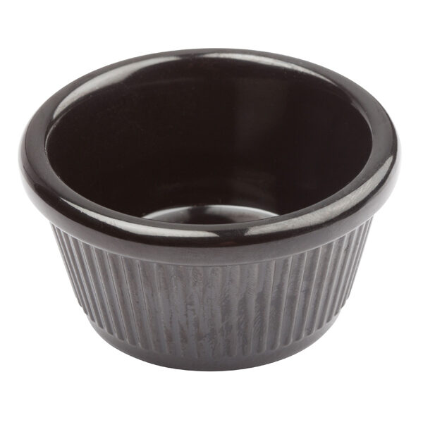 Winco RFM-4K fluted ramekin in black melamine, front view