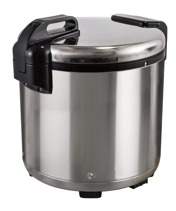 Winco RW-S451 electric 100-cup rice warmer in stainless steel, front view with hinged lid