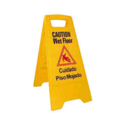Winco WCS-25 bilingual wet floor sign in yellow, fold-out front view