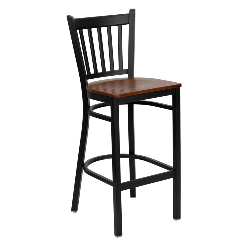 Flash Furniture XU-DG-6R6B-VRT-BAR-CHYW-GG Metal Bar Stool w/ Vertical Slat Back & Wood Seat