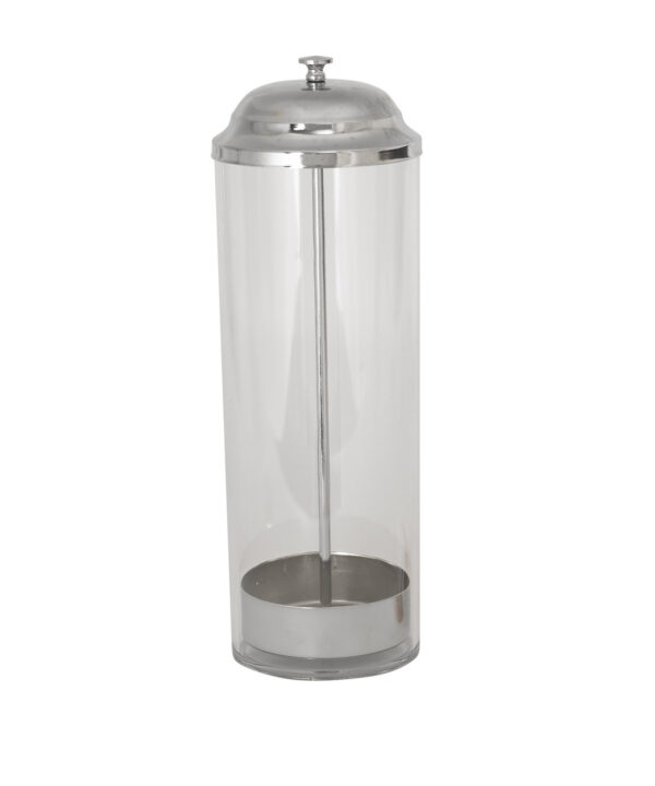Winco SDP-3 vertical straw dispenser in clear SAN plastic with stainless steel pull-up lid, front view