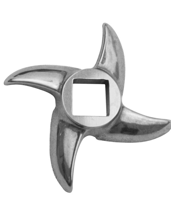 Uniworld SS812GK #12 meat grinder knife in stainless steel, top view of curved flat-edge blade