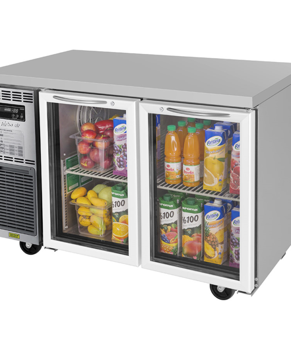 Turbo Air JUR-48-G-N 2-glass-door undercounter refrigerator in stainless steel, front view