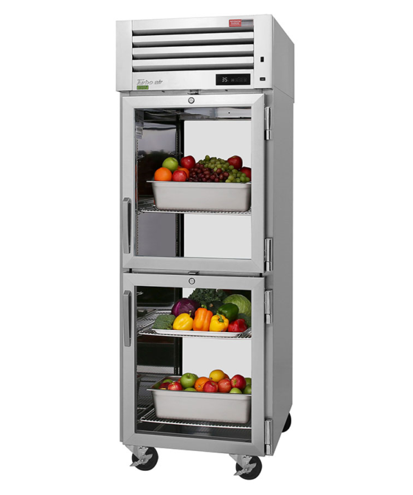 Turbo Air PRO-26-2R-G-PT-N pass-thru refrigerator in stainless steel with glass half doors, front view
