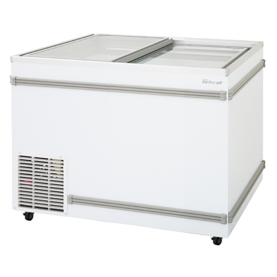 Turbo Air TFS-11F-N top-open island display freezer in white, front view with glass lids