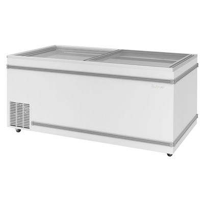 Turbo Air TFS-25F-N top open island display freezer in white, front view with sliding glass lids