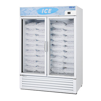 Turbo Air TGIM-49W-N two-section indoor ice merchandiser in white, dual heated glass doors, front view