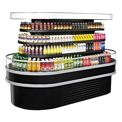 Turbo Air TIOM-48RSRB-N open island display refrigerated merchandiser in black, front angle view with LED lighting
