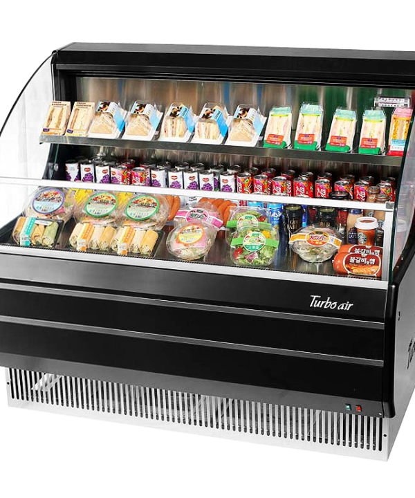Turbo Air TOM-50LW(B)-N low-profile horizontal open display merchandiser in black, front view