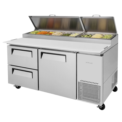 Turbo Air TPR-67SD-D2-N 67-inch pizza prep table in stainless steel, front view with one door and two drawers