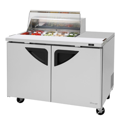 Turbo Air TST-48SD-08S-N-CL 48-inch sandwich/salad prep table in stainless steel, front view with clear lid open