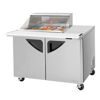 Turbo Air TST-48SD-12M-N-CL mega top sandwich/salad prep table in stainless steel, front view with clear lid