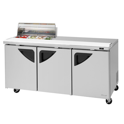 Turbo Air TST-72SD-08S-N-CL three-section sandwich/salad prep table in stainless steel, front view with clear-top 8-pan rail
