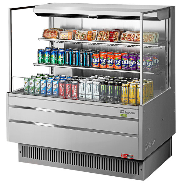 Turbo Air TOM-48L-UF-S-3S-N horizontal open air merchandiser in stainless steel, front view