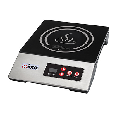 Winco EIC-400E commercial induction cooker in stainless steel with black ceramic glass surface, front view