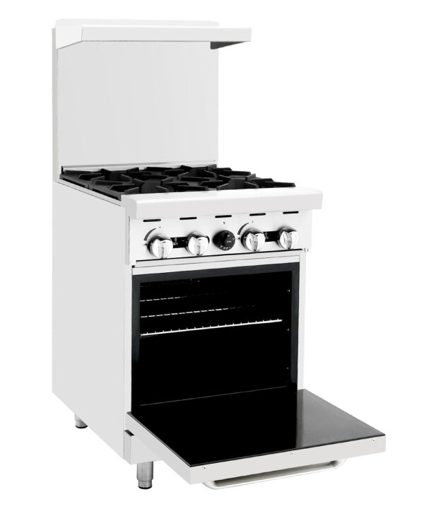 Atosa AGR-4B commercial gas range with open burners and open oven door