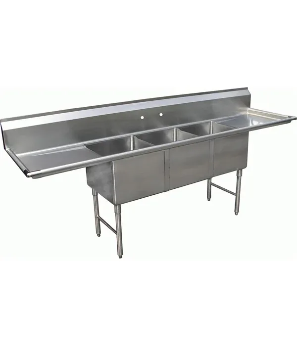 GSW SEE18183D 3-compartment sink in stainless steel, front view with dual drainboards