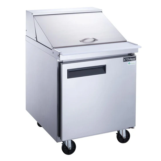 Dukers DSP29-12M-S1 mega top sandwich and salad prep table in brushed stainless steel, front view