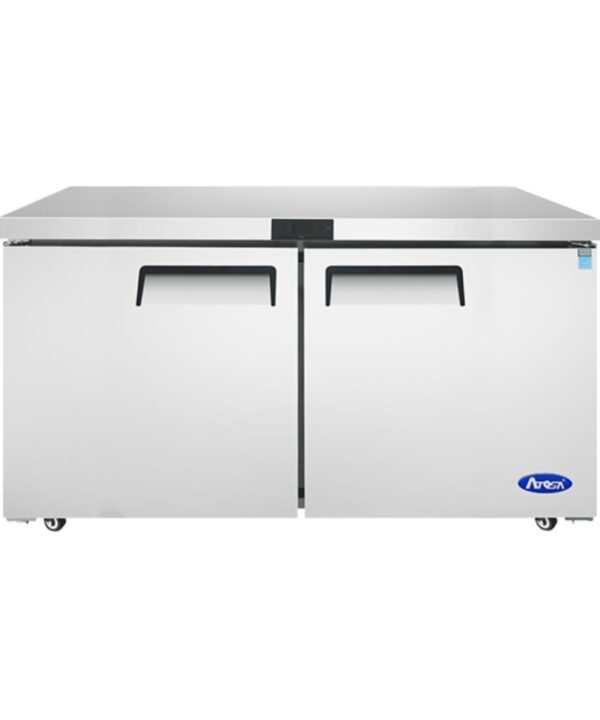Atosa MGF8407GR 60-inch undercounter freezer in stainless steel, two solid doors closed, front view.