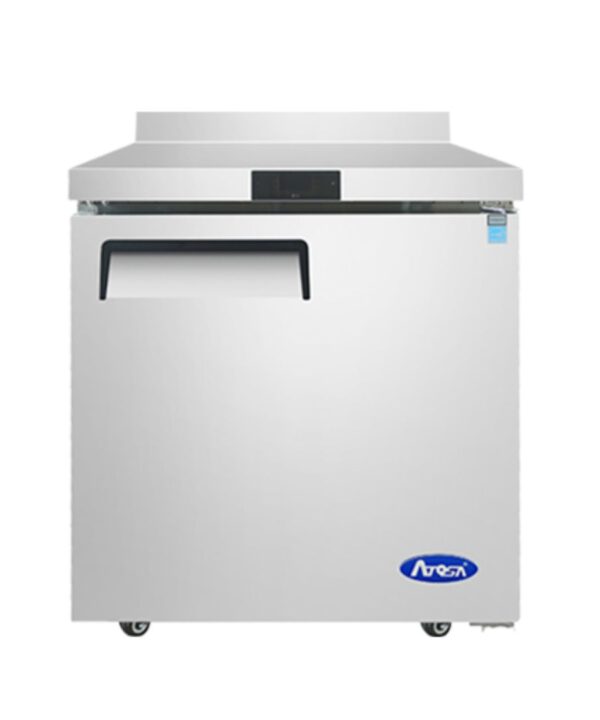 Atosa MGF8408GR 27-inch worktop refrigerator with backsplash in stainless steel, single solid door closed, front view.