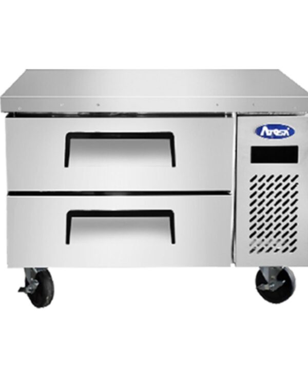 Atosa MGF8448GR 36" refrigerated chef base in stainless steel, front view with two drawers and reinforced top