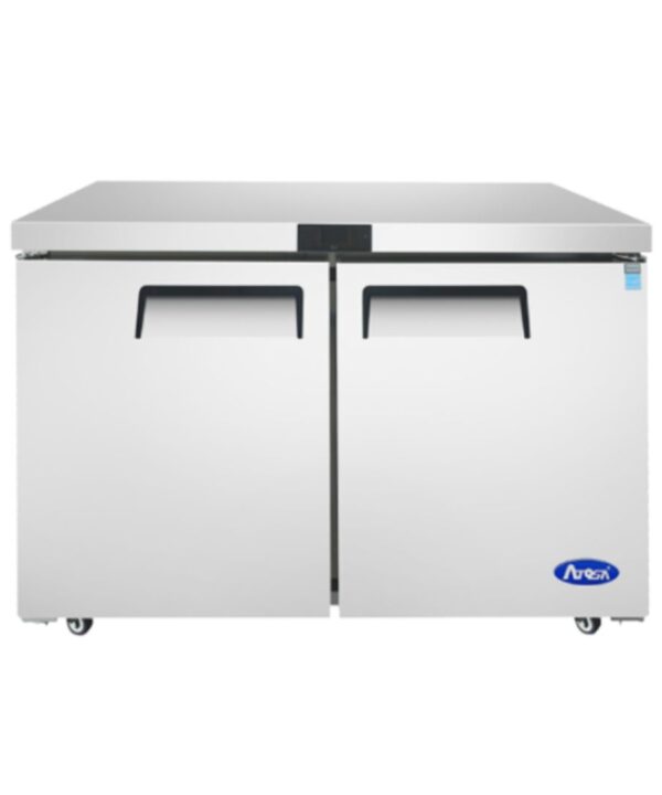 Atosa MGF8406GR 48-inch 2-door undercounter freezer in stainless steel, front view with doors closed