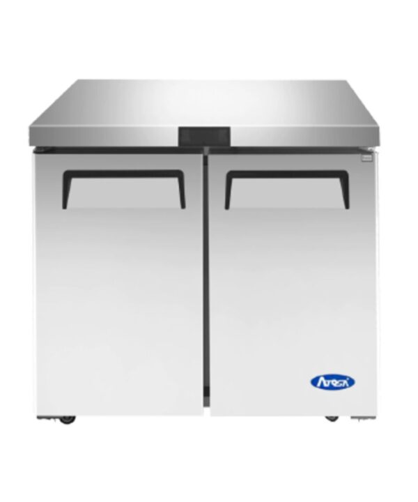 Atosa MGF36FGR 36-inch undercounter freezer in stainless steel, front view with two closed solid doors